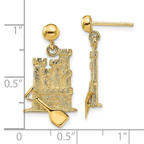 14K 3-D SANDCASTLE W/ SHOVEL DANGLE EARRINGS
