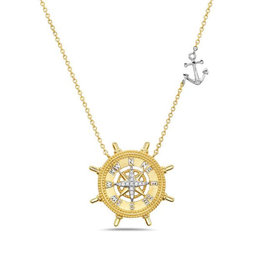 14K TWO TONE COMPASS NECKLACE WITH 14 DIAMONDS, 0.06CT ON 18" CABLE CHAIN