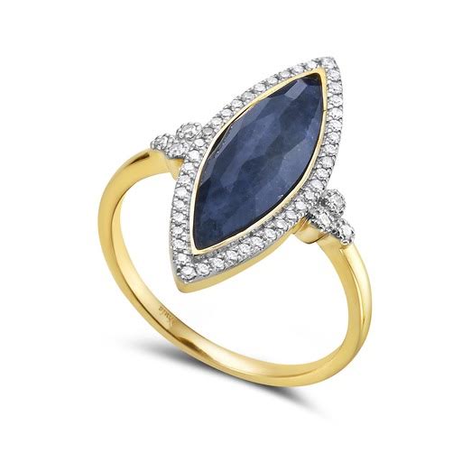 14K 22X9MM MARQUISE SHAPE BLUE LACE AGATE DOUBLET RING WITH 48 DIAMONDS 0.22CT