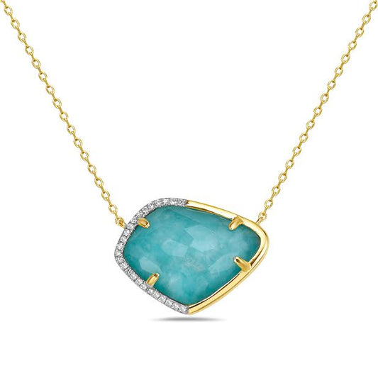 14KY 20X16MM WITH 25 DIAMONDS 0.080CT,1 CRYSTAL ,1 AMAZONITE DOUBLET PENDENT ON 18" CABLE CHAIN