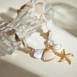 18K Gold Plated Freshwater Pearls & Natural Shells Necklace With a Textured Starfish