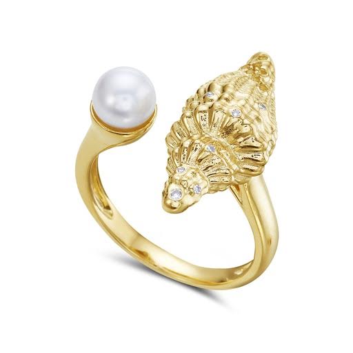 14K 21X9MM SEA SHELL RING WITH 7 DIAMONDS 0.03CT, 7 YELLOW SAPPHIRES 0.05CT & 1 6MM CULTURED PEARL SIZE 7