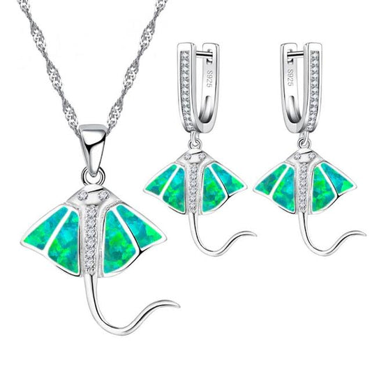 Blue Fire Opal Stingray Pendant & Earrings Set