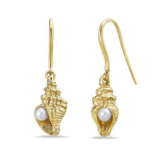 14K 14X8MM SEA SHELL EARRINGS WITH 6 DIAMONDS 0.025CT, 10 YELLOW SAPPHIRES 0.07CT & 2 3.5MM CULTURED PEARLS