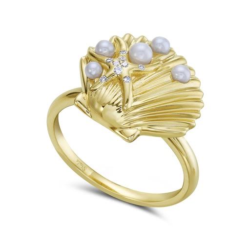14K 16X14MM SEA SHELL RING WITH 9 DIAMONDS 0.04CT & 5 CULTURED PEARLS SIZE 7