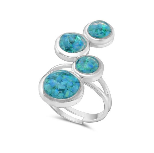 Plated Sterling Silver ring with 4 created opal stones in Blue Turquoise shade