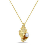 14K 19X10MM SEA SHELL PENDANT WITH 9 DIAMONDS 0.024CT, 6 YELLOW SAPPHIRES 0.045CT & 1 5MM CULTURED PEARL ON 1.4G 18 INCHES CABLE CHAIN