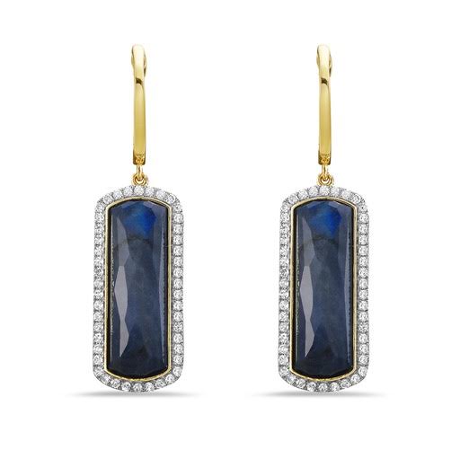 14K 21X9MM RECTANGLE SHAPE BLUE LACE AGATE DOUBLET EARRINGS WITH 92 DIAMONDS 0.40CT