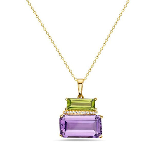 14KY 15X14MM PENDANT WITH 12 DIAMONDS 0.04CT, EM CUT PERIDOT 1.30CT &  EC AMETHYST 5.48CT ON 18" CABLE CHAIN