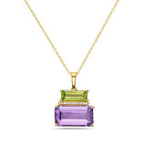 14KY 15X14MM PENDANT WITH 12 DIAMONDS 0.04CT, EM CUT PERIDOT 1.30CT &  EC AMETHYST 5.48CT ON 18" CABLE CHAIN