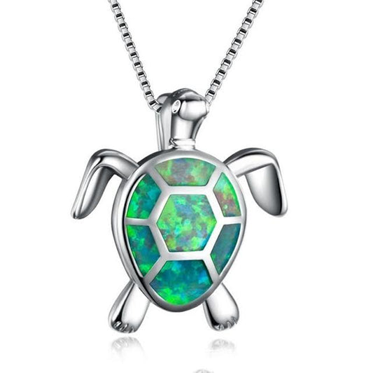 Green Faux Opal Sea Turtle Necklace, Earrings Set