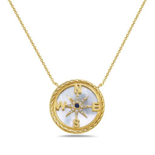 14K 19 MM COMPASS ROSE PENDANT WITH 16 DIAMONDS 0.06CT , 1 BLUE SAPPHIRE 0.02CT & INLAID MOTHER OF PEARL ON 18 INCHES CABLE CHAIN
