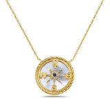 14K 19 MM COMPASS ROSE PENDANT WITH 16 DIAMONDS 0.06CT , 1 BLUE SAPPHIRE 0.02CT & INLAID MOTHER OF PEARL ON 18 INCHES CABLE CHAIN
