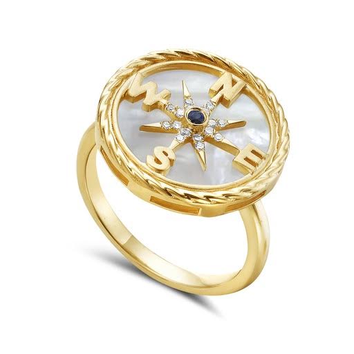 14K 17.50MM COMPASS ROSE RING WITH 16 DIAMONDS 0.06CT , 1 BLUE SAPPHIRE 0.02CT & INLAID MOTHER OF PEARL