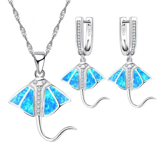 Blue Fire Opal Stingray Pendant & Earrings Set