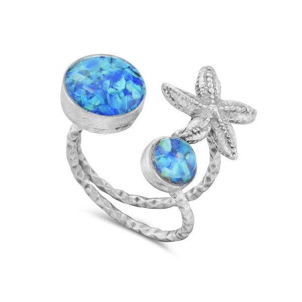 Blue Opal Ring, Long 925 Silver Opal Ocean Quartz Ring, Blue