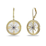14K 17.5 MM COMPASS ROSE EARRINGS WITH 32 DIAMONDS 0.12CT , 2 BLUE SAPPHIRES 0.04CT & INLAID MOTHER OF PEARL WITH WIRE CLIPS
