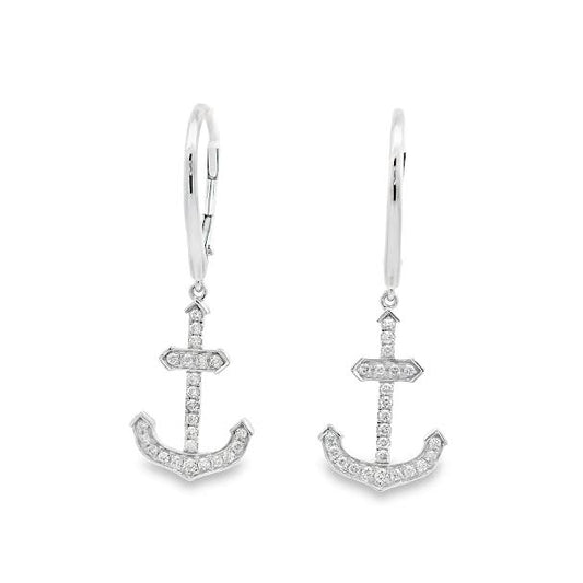 14K 16MM LONG ANCHOR EARRINGS WITH 48 DIAMONDS 0.26CT ON LEVER BACK