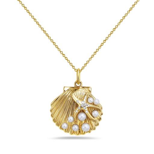 14K 16X14MM SEA SHELL PENDANT WITH 10 DIAMONDS 0.042CT & 8 CULTURED PEARLS ON 1.3G 18 INCHES CABLE CHAIN