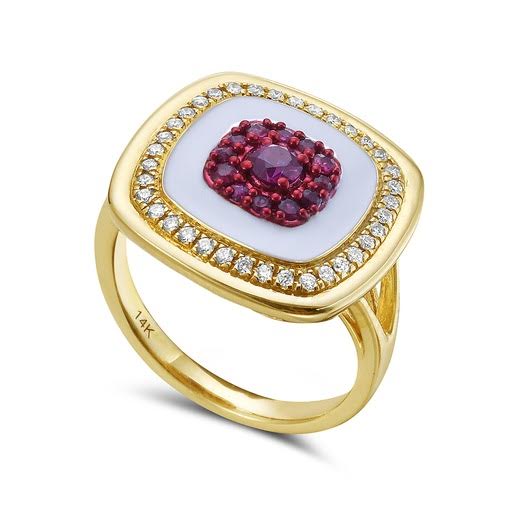 14K 14MM CUSHION SHAPE RING WITH 36 DIAMONDS 0.18CT , 13 PINK SAPPHIRES 0.35CT & WHITE ENAMEL