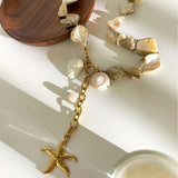 18K Gold Plated Freshwater Pearls & Natural Shells Necklace With a Textured Starfish