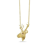 14K DEER HEAD PENDANT 33X18MM WITH 4 DIAMONDS ON ANTLERS 0.09CT & RUBY EYES ON 18 INCHES CABLE CHAIN