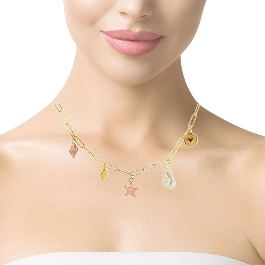 18k Gold Plated Stainless Steel gold and pink starfish, shell, water pearl Charm Necklace