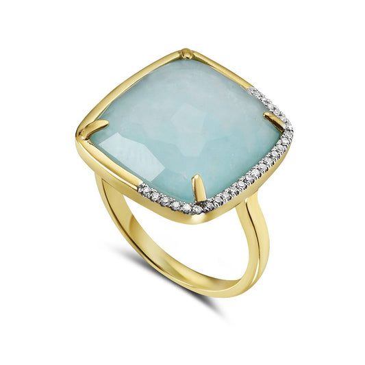 14KY 25 DIAMONDS 0.090CT 1 AMAZONITE DOUBLET CRYSTAL CUSHION RING