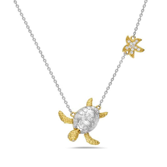 14k 15mm two tone turtle necklace with 22 diamonds 0.09ct on 18 inches cable chain