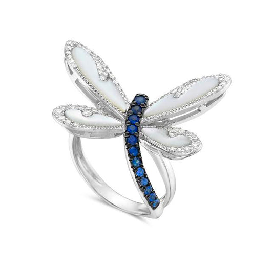 14k 27x15mm dragonfly ring with 72 diamonds 0.29ct, 12 blue sapphires 0.2ct & inlaid mother of pearl