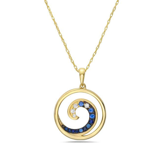 14k 15mm wave pendant with 12 sapphires 0.24ct & 4 Diamonds 0.08ct on 18 inches cable chain