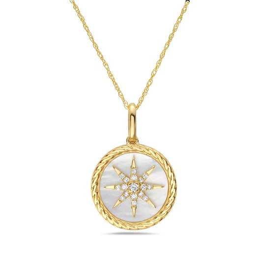 14k 14mm compass pendant with 17 diamonds 0.08ct  & inlaid mother of pearl on 18 inches cable chain