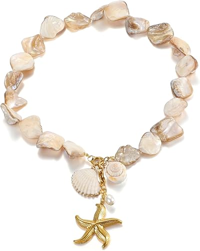 18K Gold Plated Freshwater Pearls & Natural Shells Necklace With a Textured Starfish