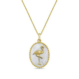 14K 21X17MM OVAL FLAMINGO PENDANT WITH 5 DIAMONDS 0.02CT & MOTHER OF PEARL ON 18 INCHES CABLE CHAIN