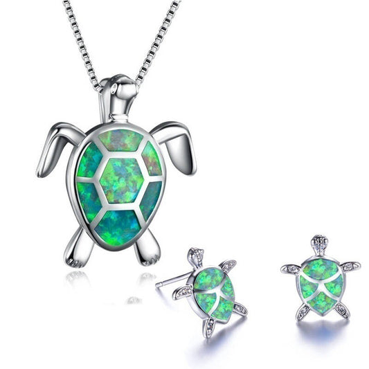 Blue Opal Sea Turtle Necklace, Earrings Set