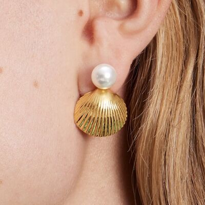 Gold-Plated Geometric Faux Pearl Shell Earrings