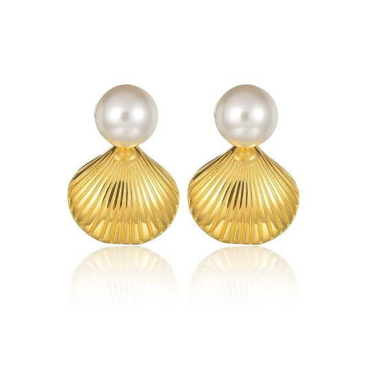 Gold-Plated Geometric Faux Pearl Shell Earrings