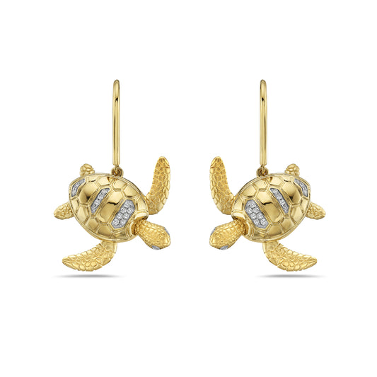 14K 22X18MM TURTLE EARRINGS WITH MOVABLE LIMBS, 32 DIAMONDS 0.12CT ON WIRE