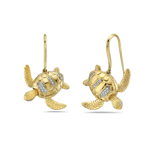 14K 22X18MM TURTLE EARRINGS WITH MOVABLE LIMBS, 32 DIAMONDS 0.12CT ON WIRE