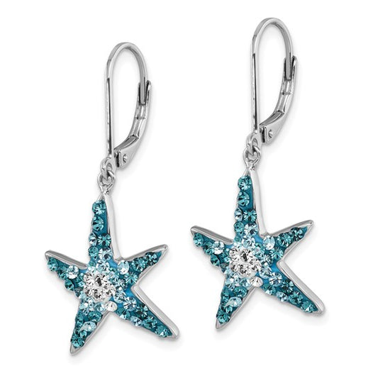 Sterling Silver Rhodium-Plated Polished Crystal Starfish Lever Back Earrings