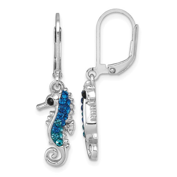 Sterling Silver Rhodium-plated Polished Crystal Seahorse Dangle