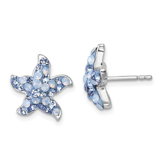 Sterling Silver Rhodium-plated Polished Blue Crystal Starfish Post Earrings