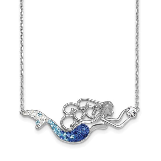 Sterling Silver Rhodium-Plated Polished Crystal Mermaid 18.5 inch with a 1" Extension Necklace