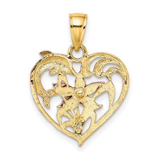 14K Two-tone with White Rhodium Dolphin and Starfish In Heart Charm Pendant