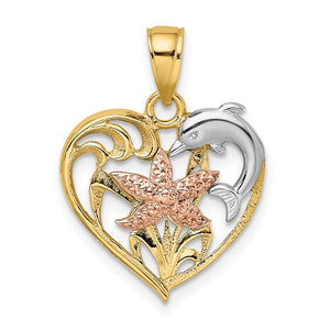14K Two-tone with White Rhodium Dolphin and Starfish In Heart Charm Pendant