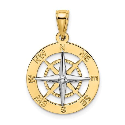 14K Nautical Compass with White Gold Needle Charm Pendant