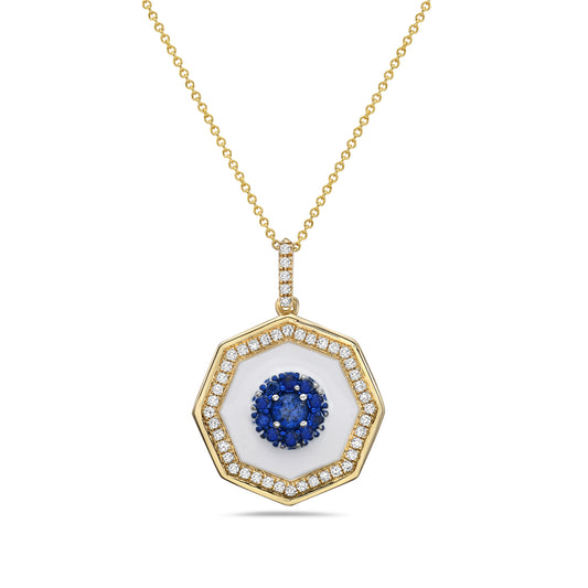 14K 17.50MM OCTAGON SHAPE PENDANT WITH 45 DIAMONDS 0.23CT, 11 BLUE SAPPHIRES 0.35CT & WHITE ENAMEL ON 1.5G 18 INCHES CABLE CHAIN