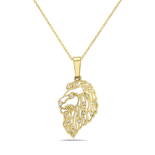 14K 22X16MM LIONS HEAD PENDANT WITH 10 DIAMONDS 0.06CT ON 18 INCHES CABLE CHAIN