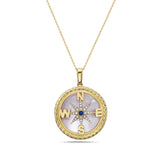 14K 27MM COMPASS NECKLACE WITH 24 DIAMONDS 0.14CT, 1 SAPPHIRE 0.05CT & INLAID PINK MOTHER OF PEARL 18 INCHES