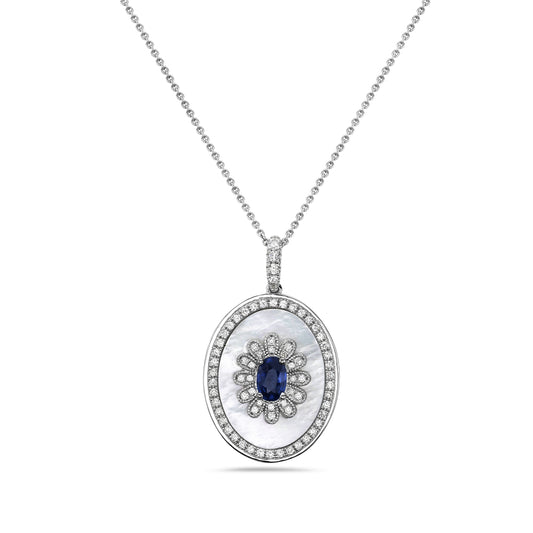 14K 23X19MM OVAL PENDANT WITH 72 DIAMONDS 0.47CT, OVAL SAPPHIRE 0.62CT & MOTHER OF PEARL ON 18 INCHES CABLE CHAIN